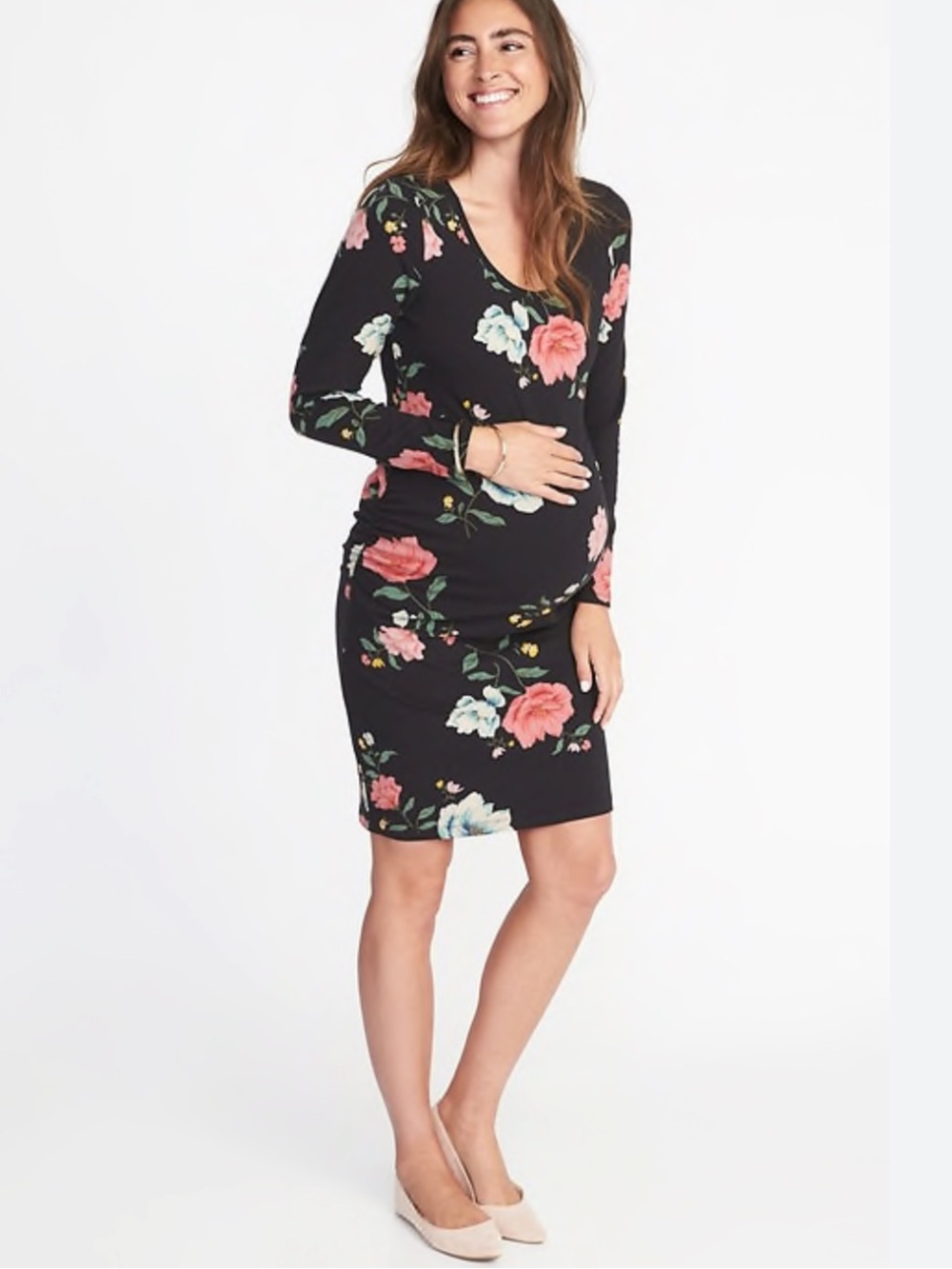 Old Navy Black Floral Long Sleeve Maternity Midi Dress